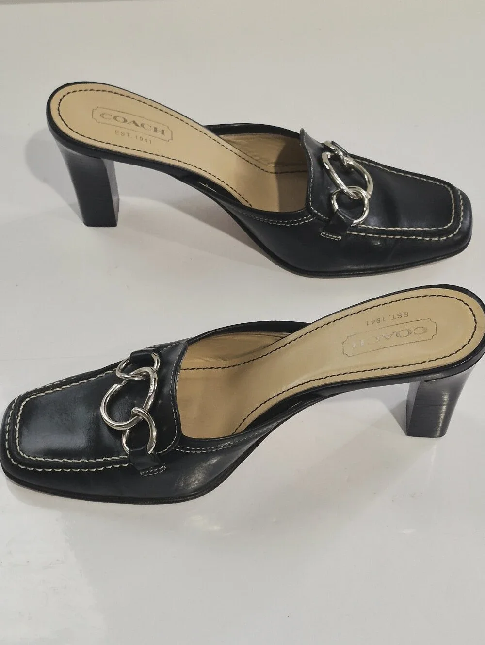Coach Jacie Vintage Black Leather Ring-Detail Mule Heels Size 8B